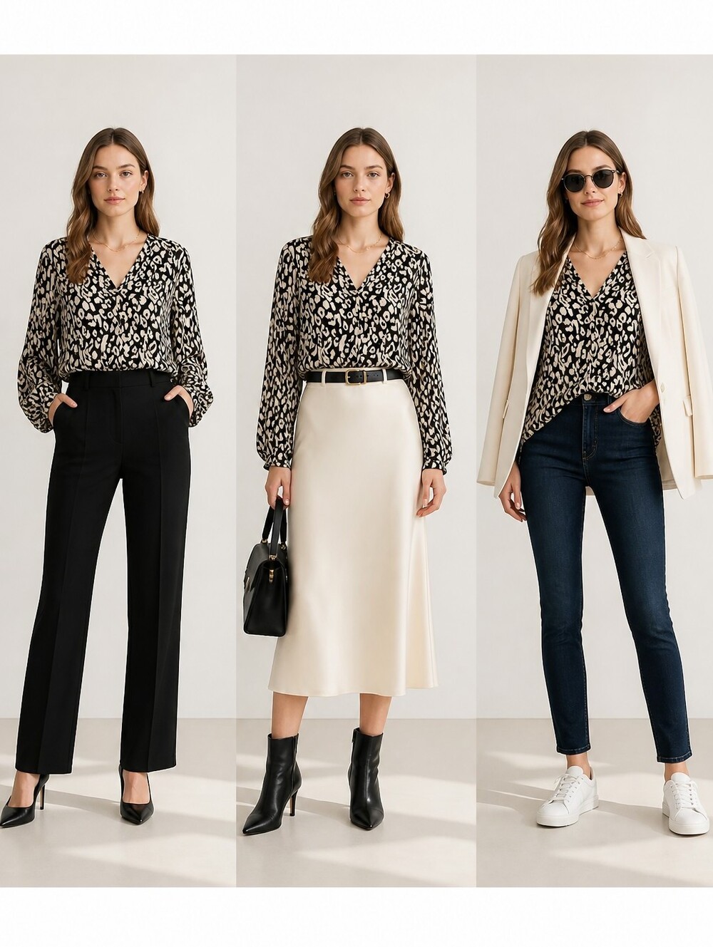 Lane Bryant Black and Cream Animal Print V-Neck Blouse